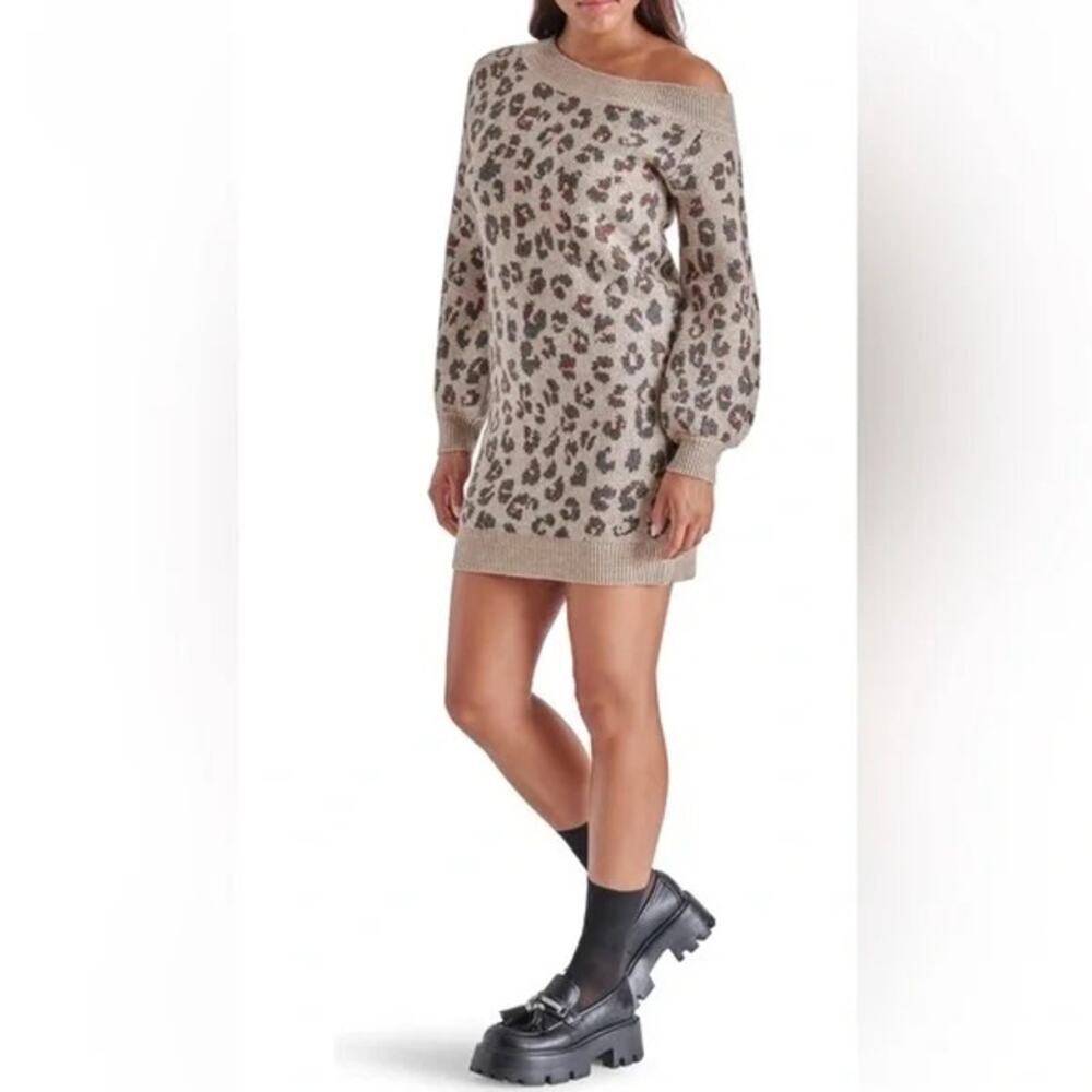 NEW Steve Madden Women's Large Leopard Print Off The Shoulder Sweater Dress NWOT
